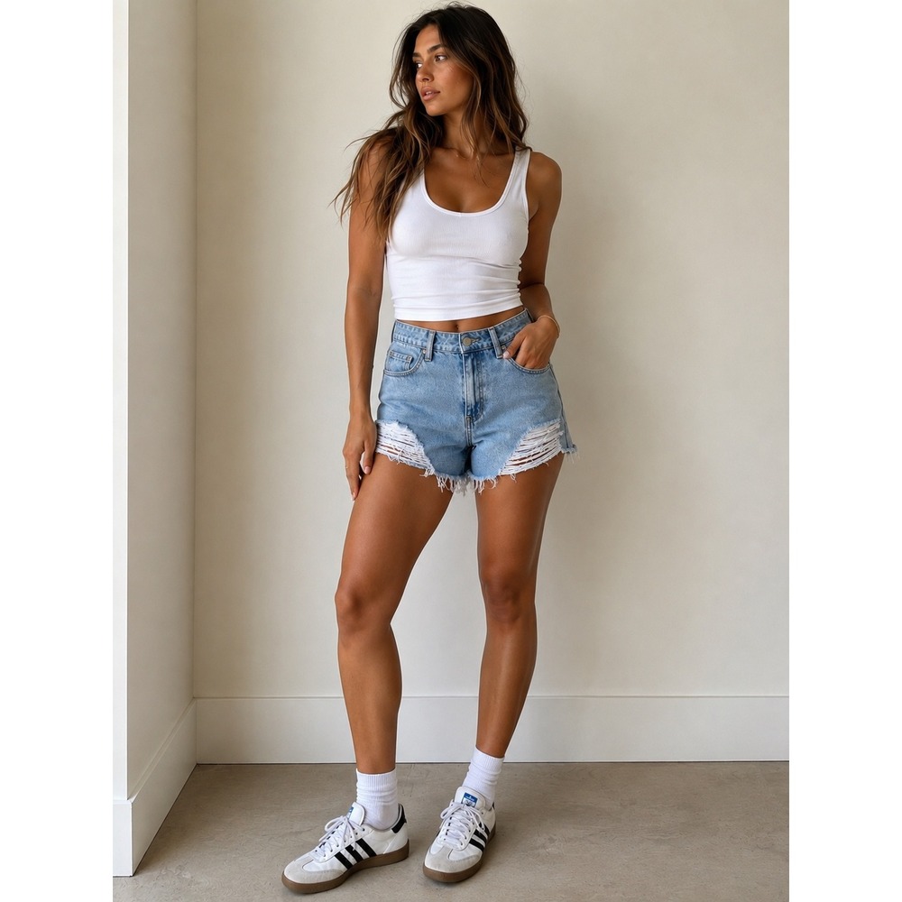 Hollister High-Rise Vintage Cotton Relaxed Mom Shorts Light Wash Distressed W29.